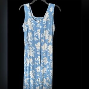 Women's white on blue floral dress. Buttons in front, smocked back ankle length